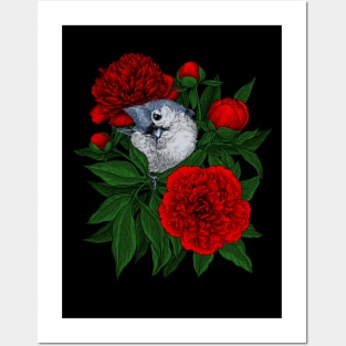 Bird on a red peony bouquet Posters and Art